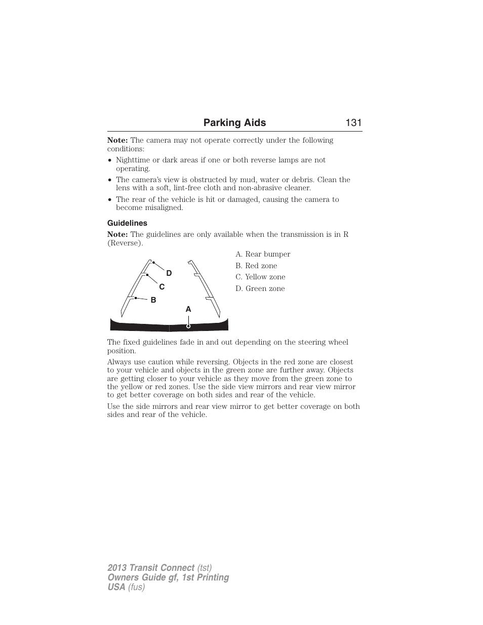 Guidelines, Parking aids 131 | FORD 2013 Transit Connect v.1 User Manual | Page 132 / 317