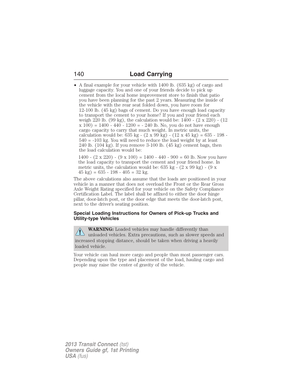 140 load carrying | FORD 2013 Transit Connect v.1 User Manual | Page 141 / 317