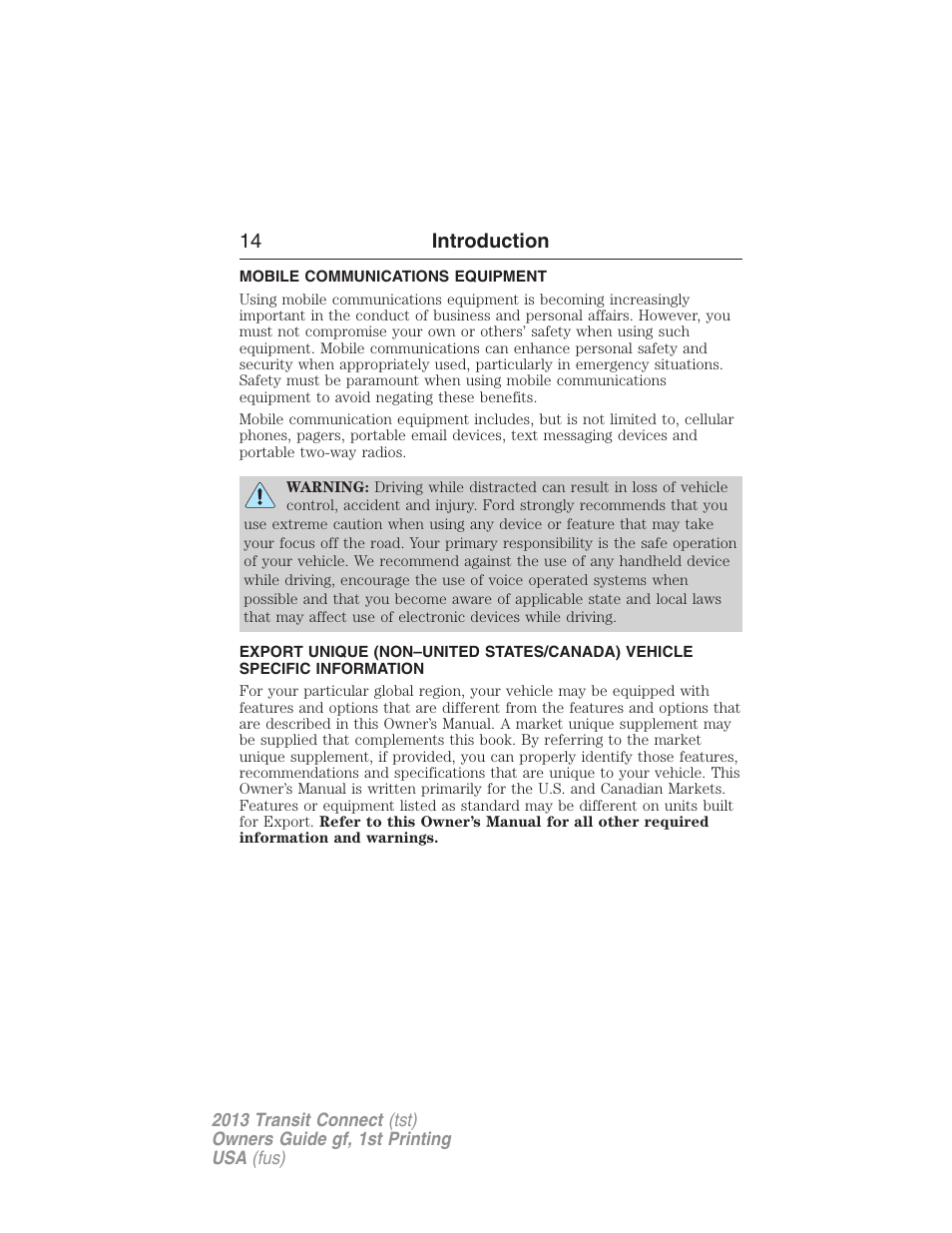 Mobile communications equipment, 14 introduction | FORD 2013 Transit Connect v.1 User Manual | Page 15 / 317