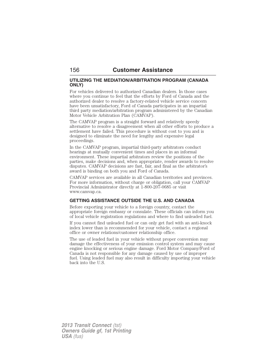 Getting assistance outside the u.s. and canada, 156 customer assistance | FORD 2013 Transit Connect v.1 User Manual | Page 157 / 317