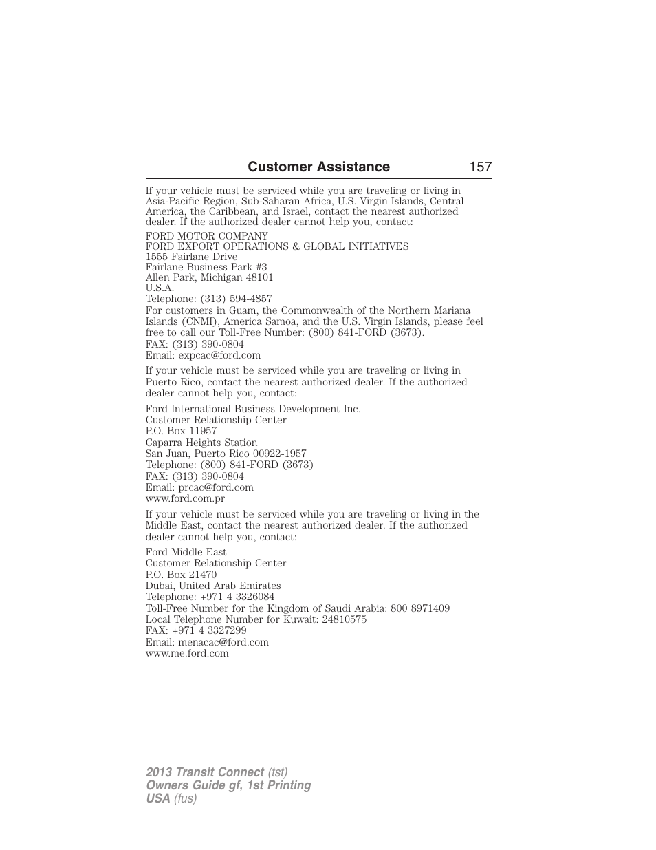 Customer assistance 157 | FORD 2013 Transit Connect v.1 User Manual | Page 158 / 317