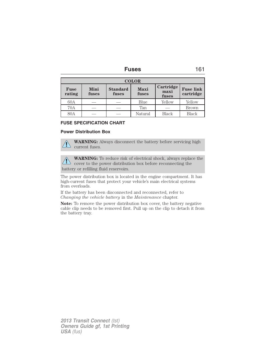 Fuse specification chart, Power distribution box, Fuses 161 | FORD 2013 Transit Connect v.1 User Manual | Page 162 / 317