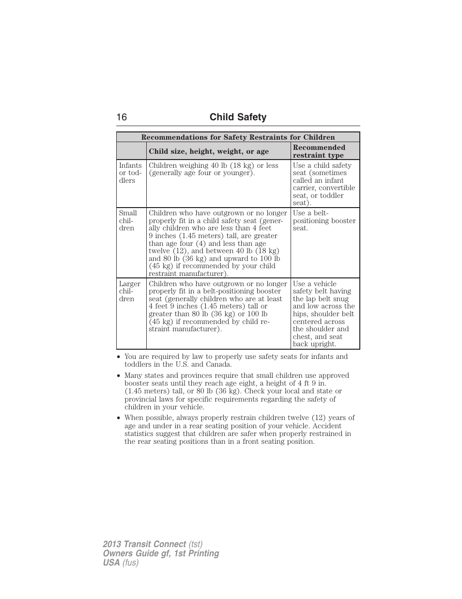 16 child safety | FORD 2013 Transit Connect v.1 User Manual | Page 17 / 317