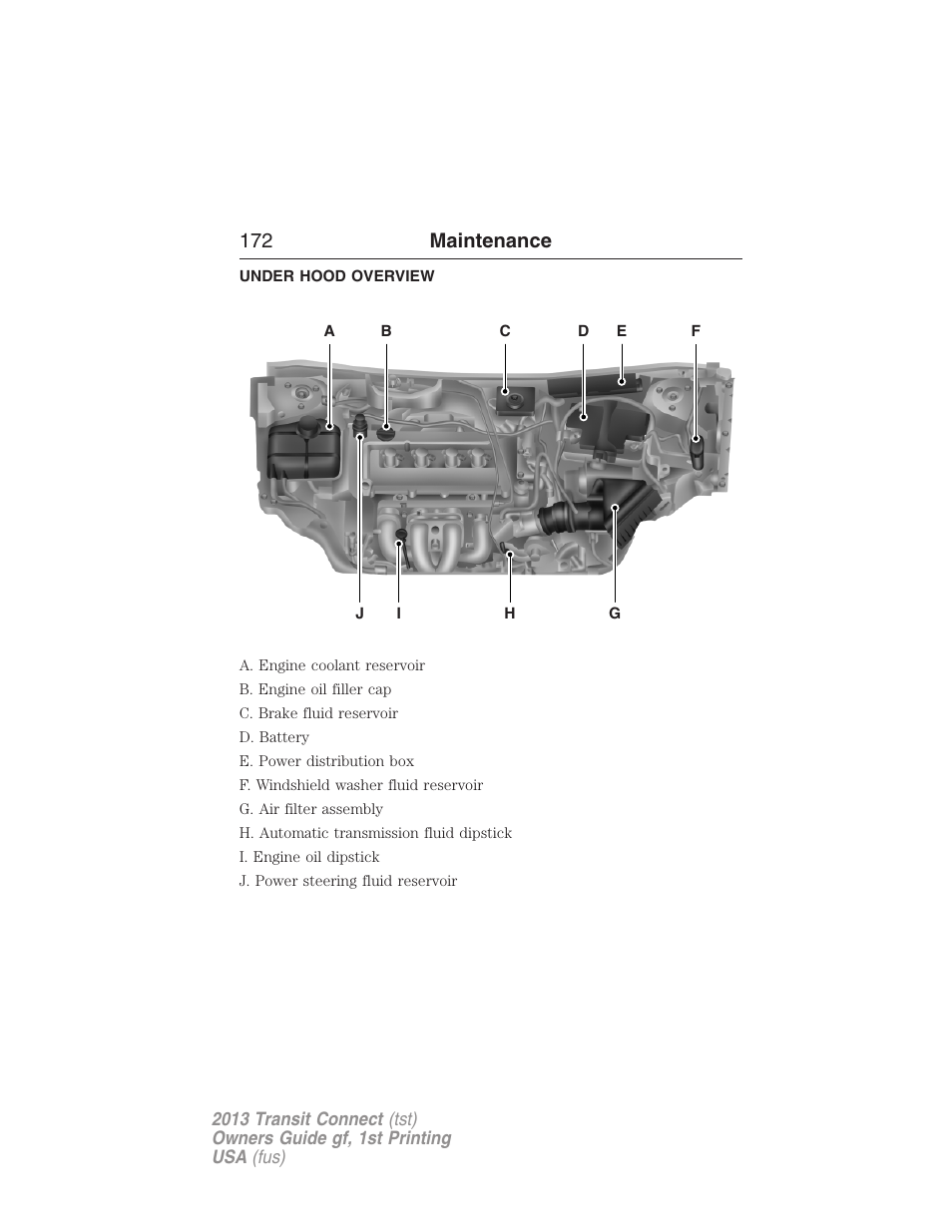 Under hood overview, 172 maintenance | FORD 2013 Transit Connect v.1 User Manual | Page 173 / 317