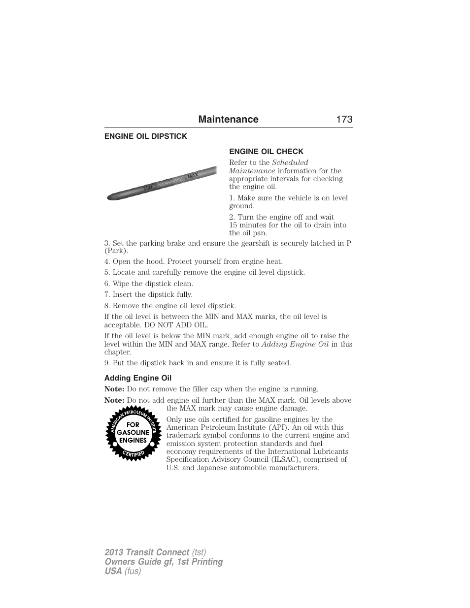 Engine oil dipstick, Engine oil check, Adding engine oil | Maintenance 173 | FORD 2013 Transit Connect v.1 User Manual | Page 174 / 317