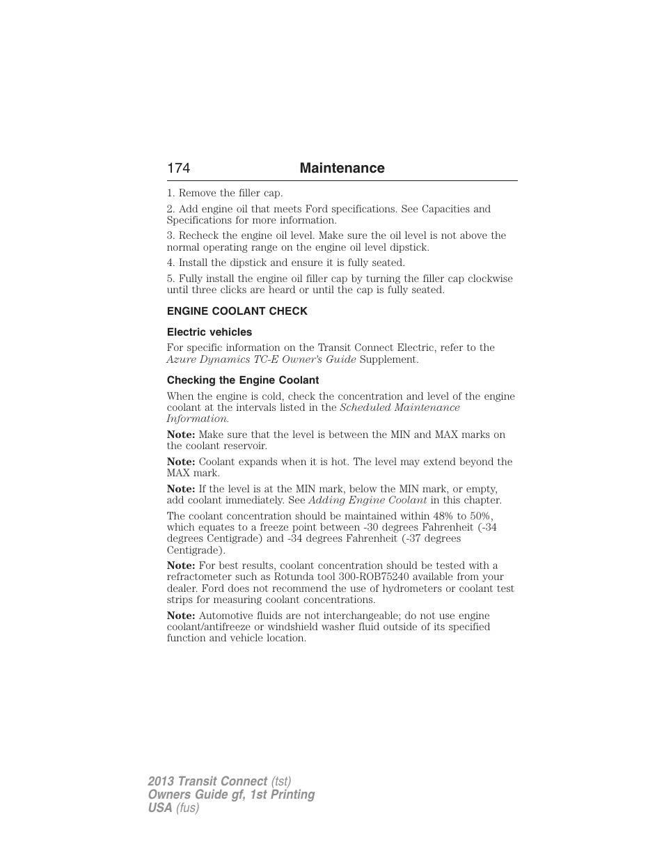 Engine coolant check, Electric vehicles, Checking the engine coolant | 174 maintenance | FORD 2013 Transit Connect v.1 User Manual | Page 175 / 317