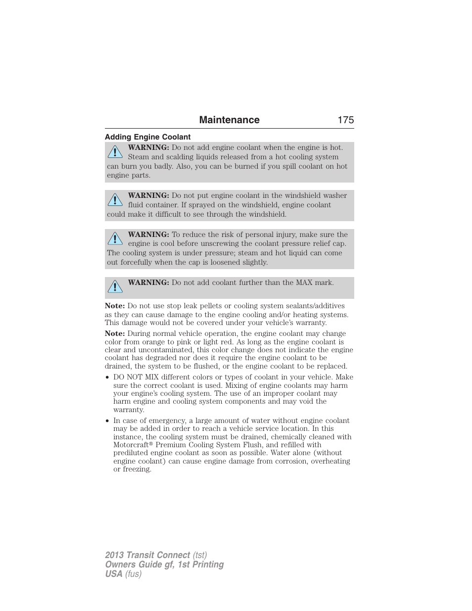 Adding engine coolant, Maintenance 175 | FORD 2013 Transit Connect v.1 User Manual | Page 176 / 317