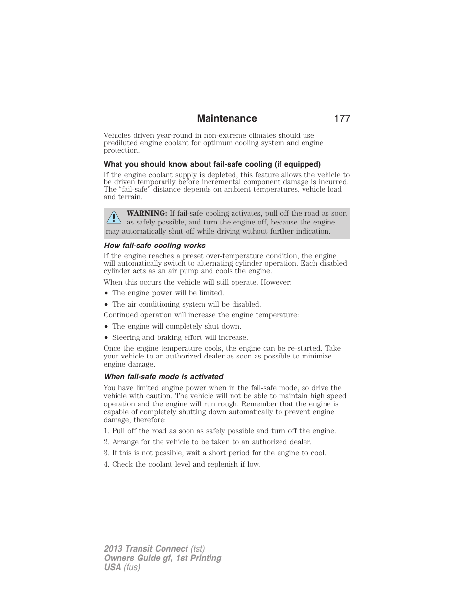 How fail-safe cooling works, When fail-safe mode is activated, Maintenance 177 | FORD 2013 Transit Connect v.1 User Manual | Page 178 / 317