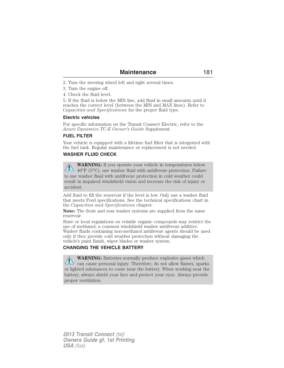 Electric vehicles, Fuel filter, Washer fluid check | Changing the vehicle battery, Maintenance 181 | FORD 2013 Transit Connect v.1 User Manual | Page 182 / 317