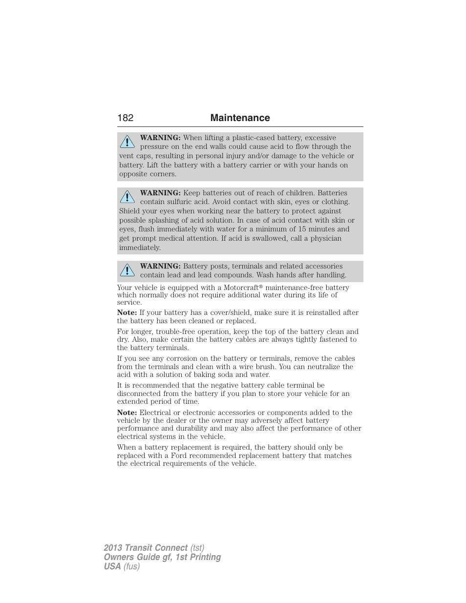 182 maintenance | FORD 2013 Transit Connect v.1 User Manual | Page 183 / 317