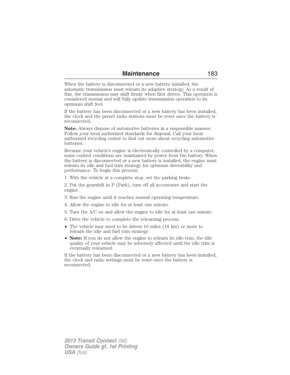 Maintenance 183 | FORD 2013 Transit Connect v.1 User Manual | Page 184 / 317