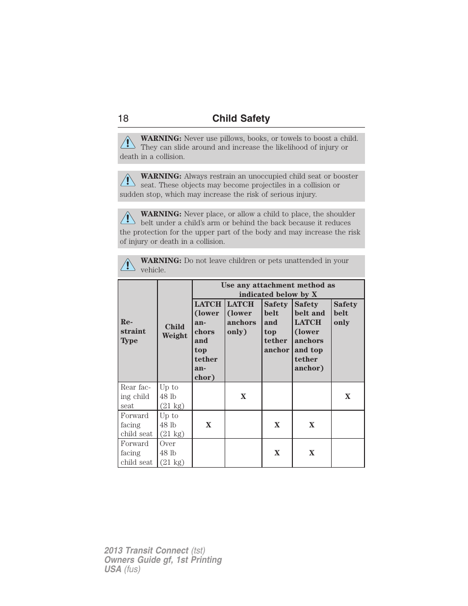 18 child safety | FORD 2013 Transit Connect v.1 User Manual | Page 19 / 317