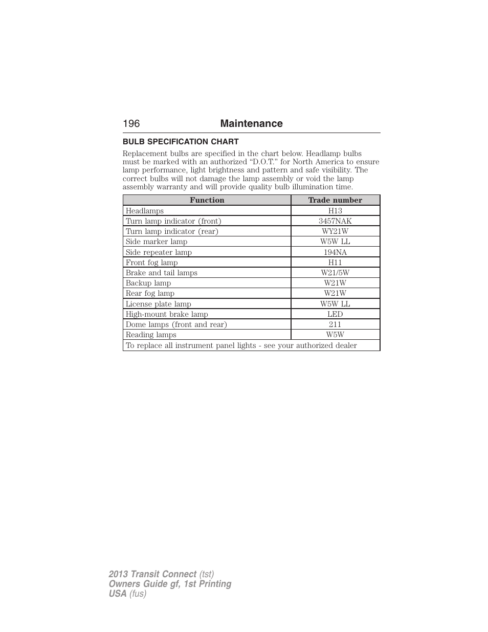 Bulb specification chart, 196 maintenance | FORD 2013 Transit Connect v.1 User Manual | Page 197 / 317