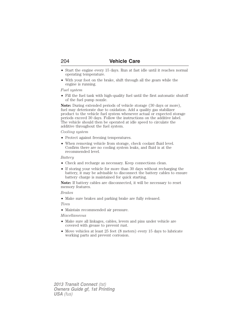 204 vehicle care | FORD 2013 Transit Connect v.1 User Manual | Page 205 / 317