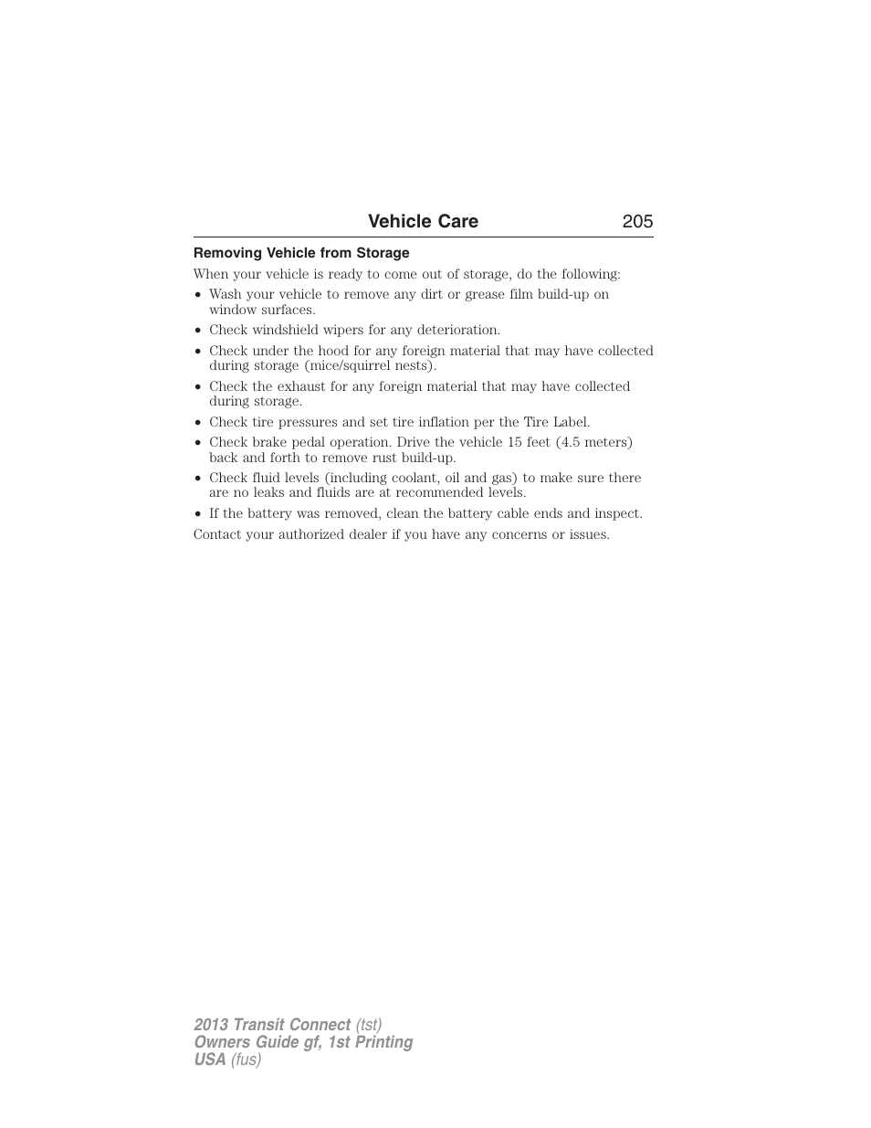 Removing vehicle from storage, Vehicle care 205 | FORD 2013 Transit Connect v.1 User Manual | Page 206 / 317