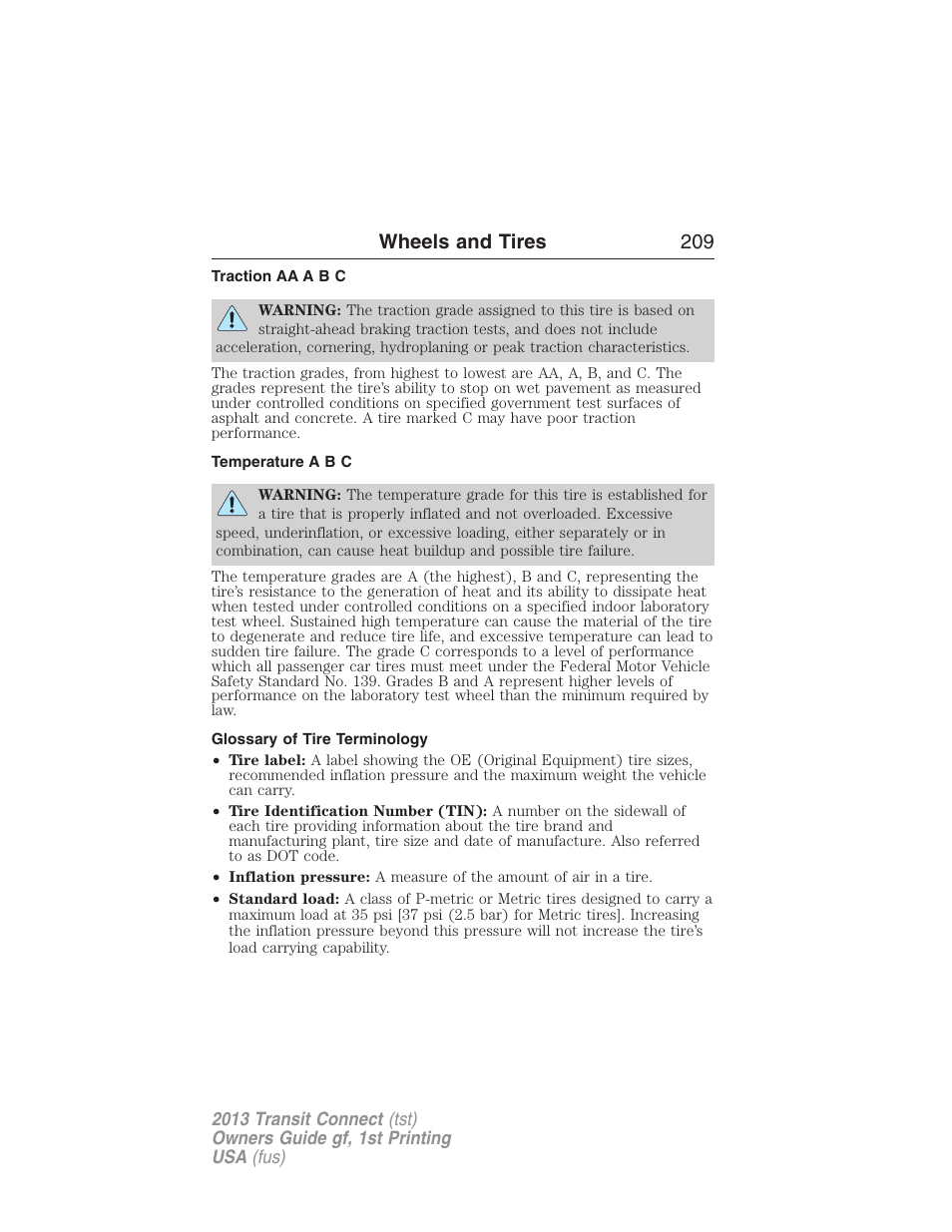 Traction aa a b c, Temperature a b c, Glossary of tire terminology | Wheels and tires 209 | FORD 2013 Transit Connect v.1 User Manual | Page 210 / 317