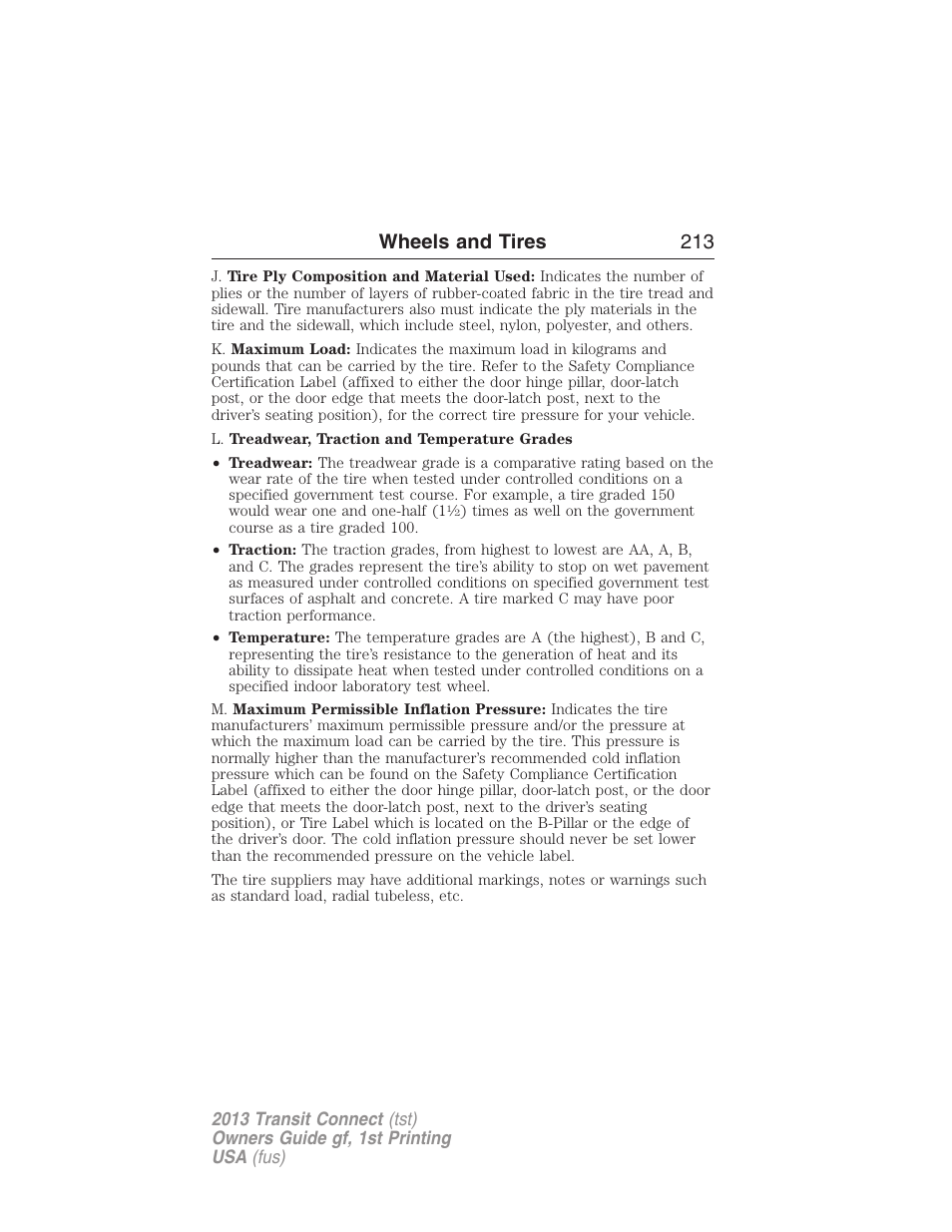 Wheels and tires 213 | FORD 2013 Transit Connect v.1 User Manual | Page 214 / 317