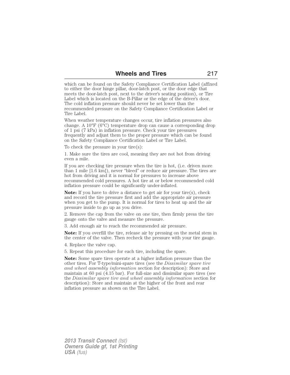 Wheels and tires 217 | FORD 2013 Transit Connect v.1 User Manual | Page 218 / 317