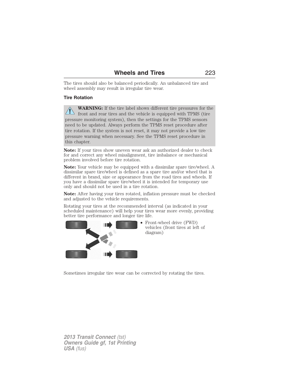 Tire rotation, Wheels and tires 223 | FORD 2013 Transit Connect v.1 User Manual | Page 224 / 317