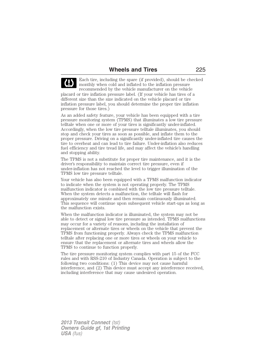 Wheels and tires 225 | FORD 2013 Transit Connect v.1 User Manual | Page 226 / 317