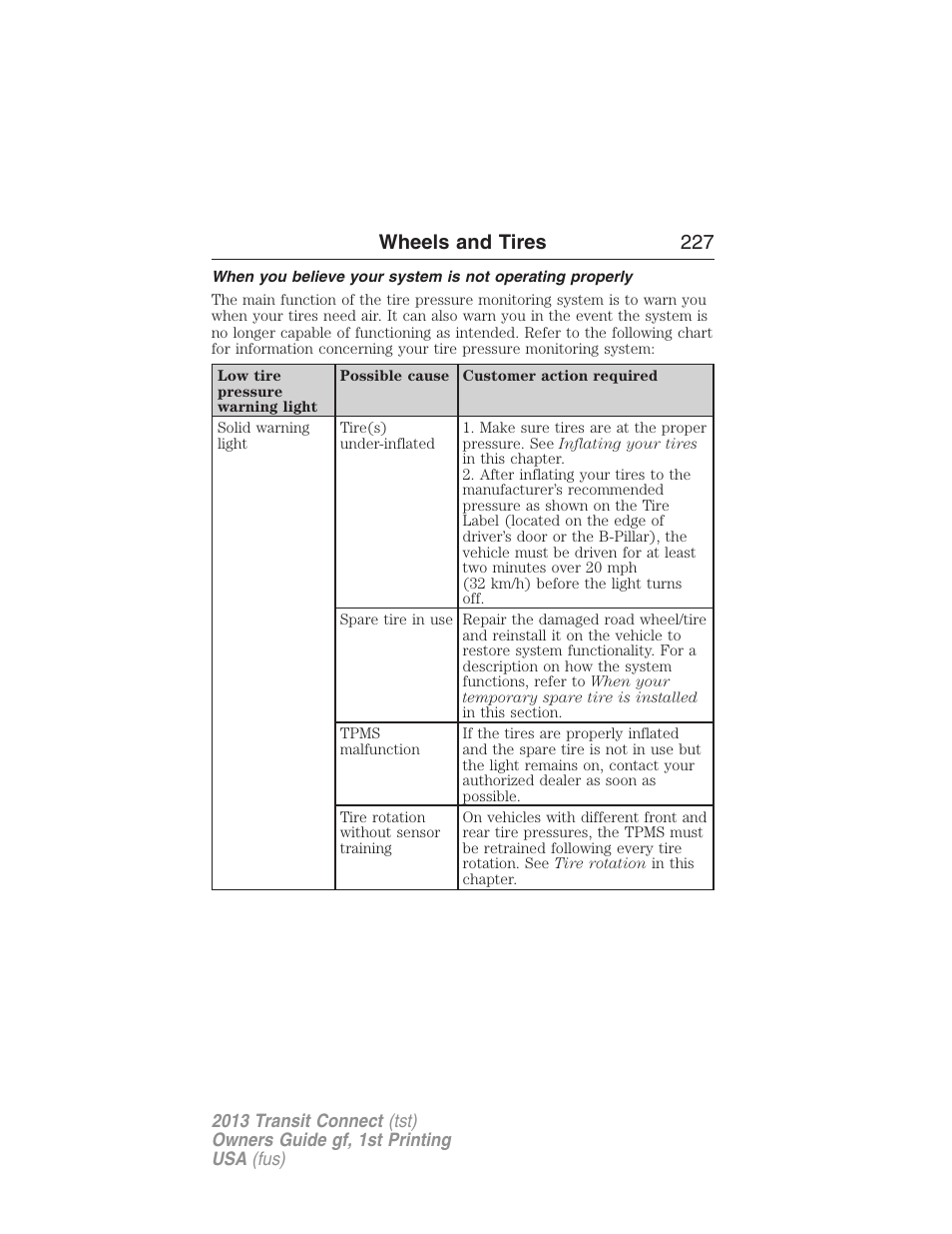 Wheels and tires 227 | FORD 2013 Transit Connect v.1 User Manual | Page 228 / 317