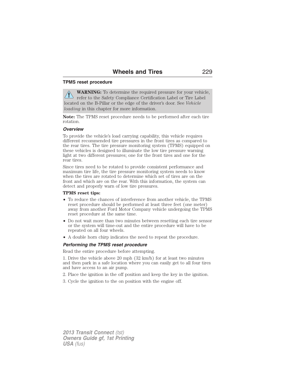 Tpms reset procedure, Overview, Performing the tpms reset procedure | Wheels and tires 229 | FORD 2013 Transit Connect v.1 User Manual | Page 230 / 317