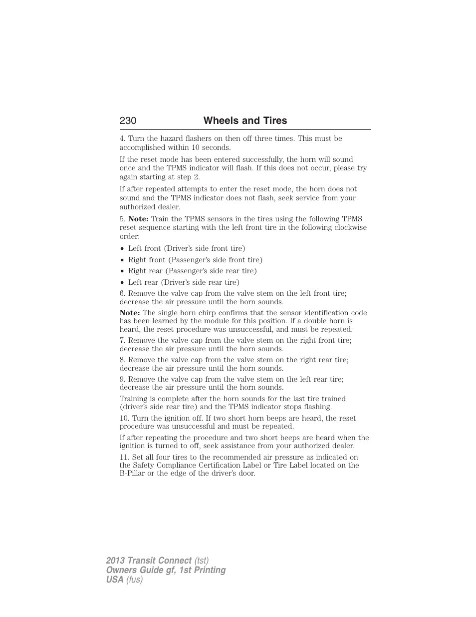 230 wheels and tires | FORD 2013 Transit Connect v.1 User Manual | Page 231 / 317