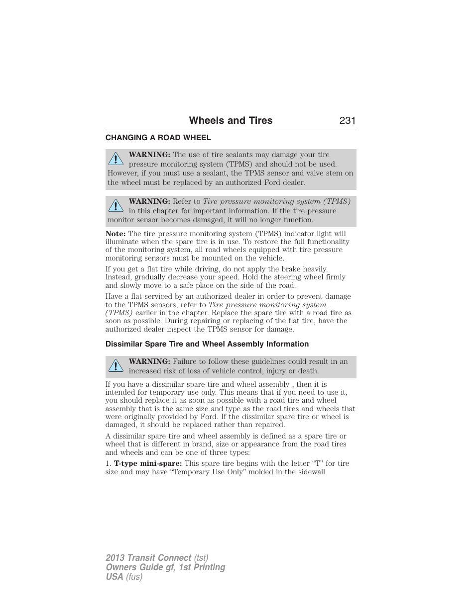 Changing a road wheel, Wheels and tires 231 | FORD 2013 Transit Connect v.1 User Manual | Page 232 / 317