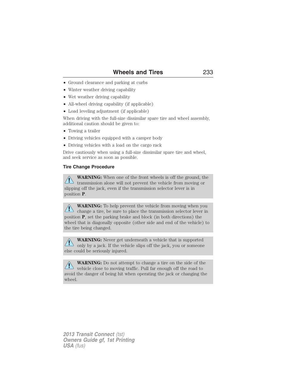 Tire change procedure, Wheels and tires 233 | FORD 2013 Transit Connect v.1 User Manual | Page 234 / 317