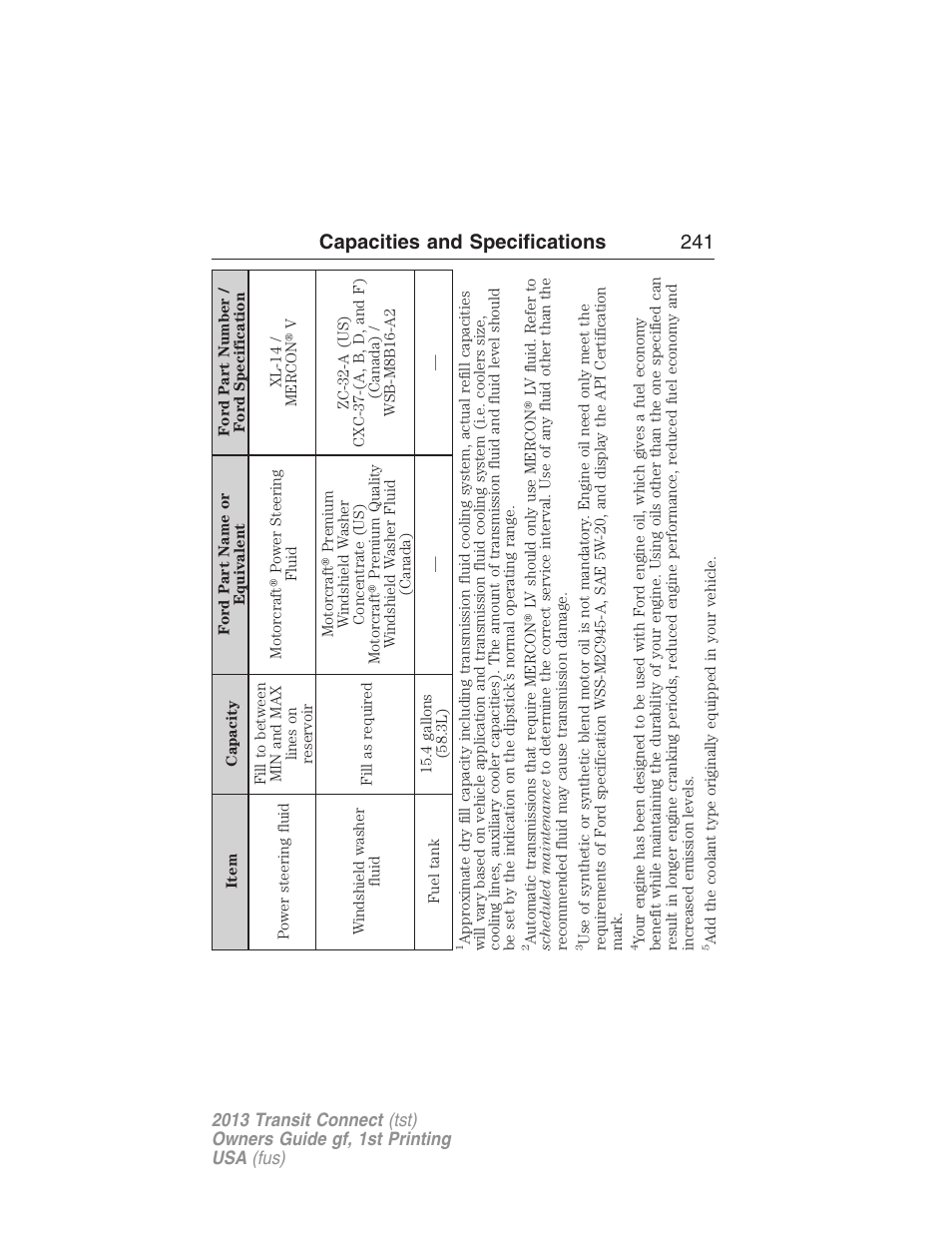Capacities and specifications 241 | FORD 2013 Transit Connect v.1 User Manual | Page 242 / 317