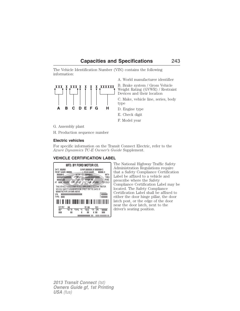 Electric vehicles, Vehicle certification label, Capacities and specifications 243 | FORD 2013 Transit Connect v.1 User Manual | Page 244 / 317
