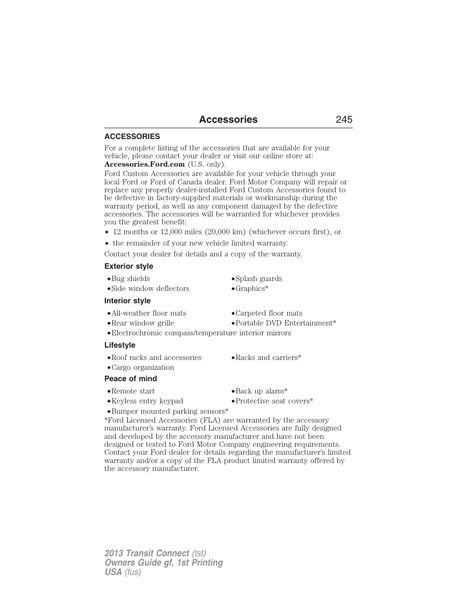 Accessories, Exterior style, Interior style | Lifestyle, Peace of mind, Accessories 245 | FORD 2013 Transit Connect v.1 User Manual | Page 246 / 317