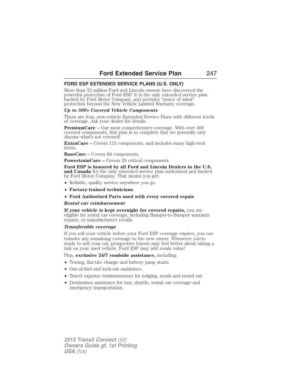 Ford extended service plan, Ford esp extended service plans (u.s. only), Ford extended service plan 247 | FORD 2013 Transit Connect v.1 User Manual | Page 248 / 317