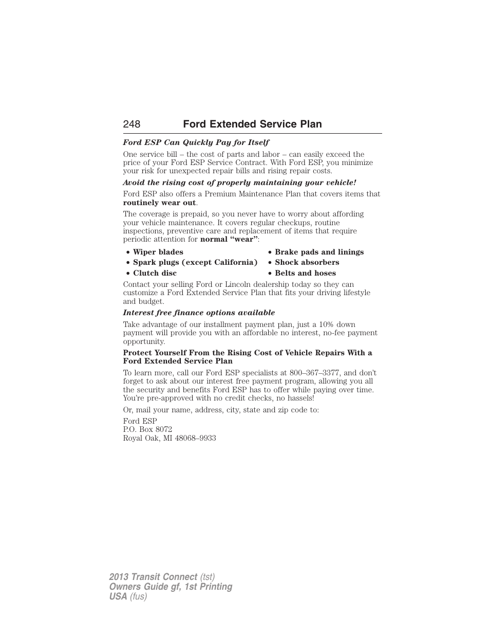 248 ford extended service plan | FORD 2013 Transit Connect v.1 User Manual | Page 249 / 317