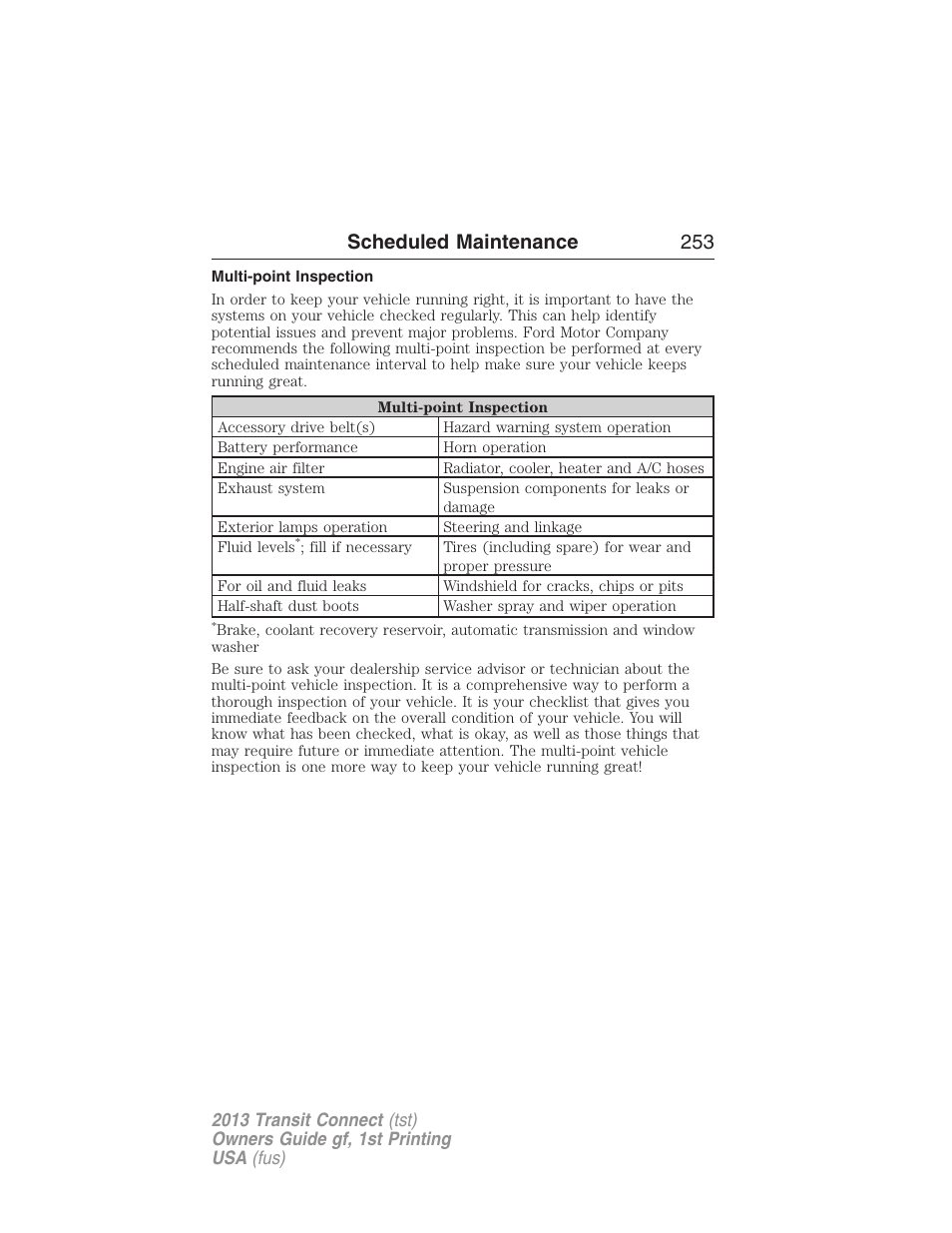 Multi-point inspection, Scheduled maintenance 253 | FORD 2013 Transit Connect v.1 User Manual | Page 254 / 317