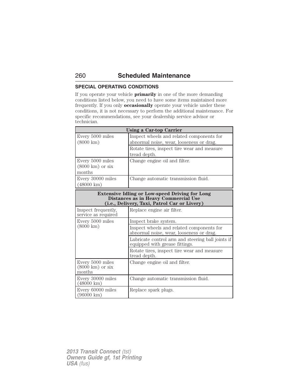 Special operating conditions, 260 scheduled maintenance | FORD 2013 Transit Connect v.1 User Manual | Page 261 / 317