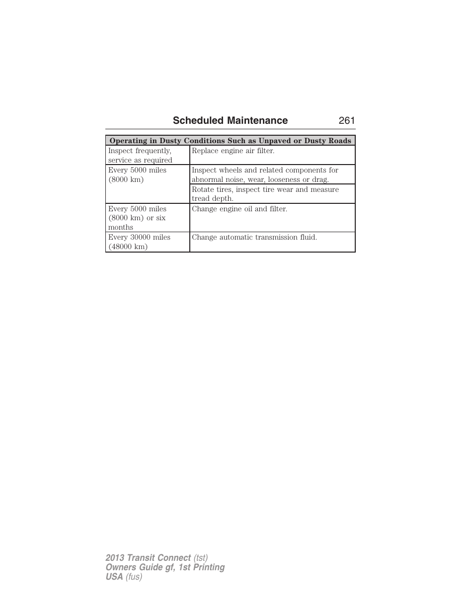 Scheduled maintenance 261 | FORD 2013 Transit Connect v.1 User Manual | Page 262 / 317