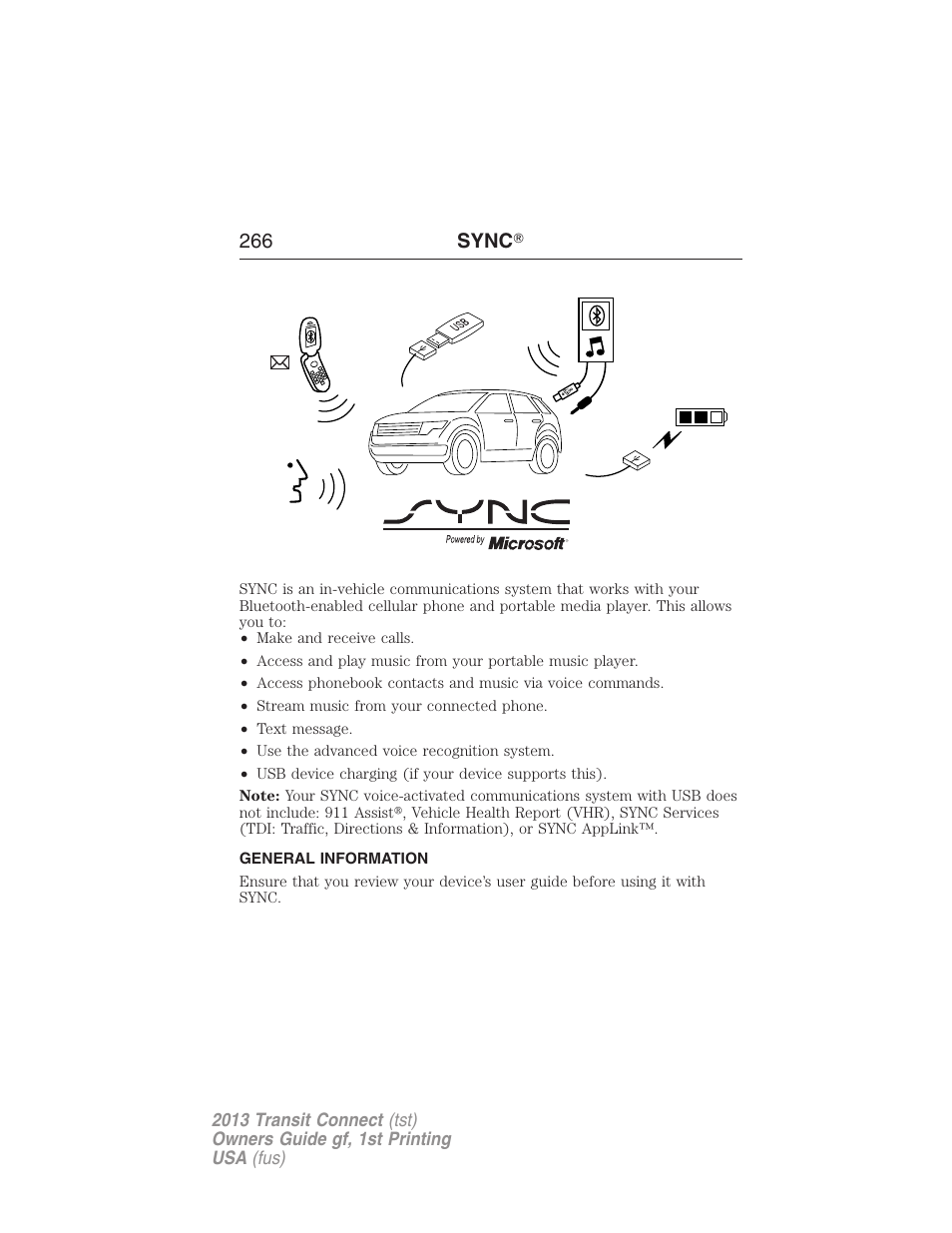 Syncĥ, General information, Sync | FORD 2013 Transit Connect v.1 User Manual | Page 267 / 317