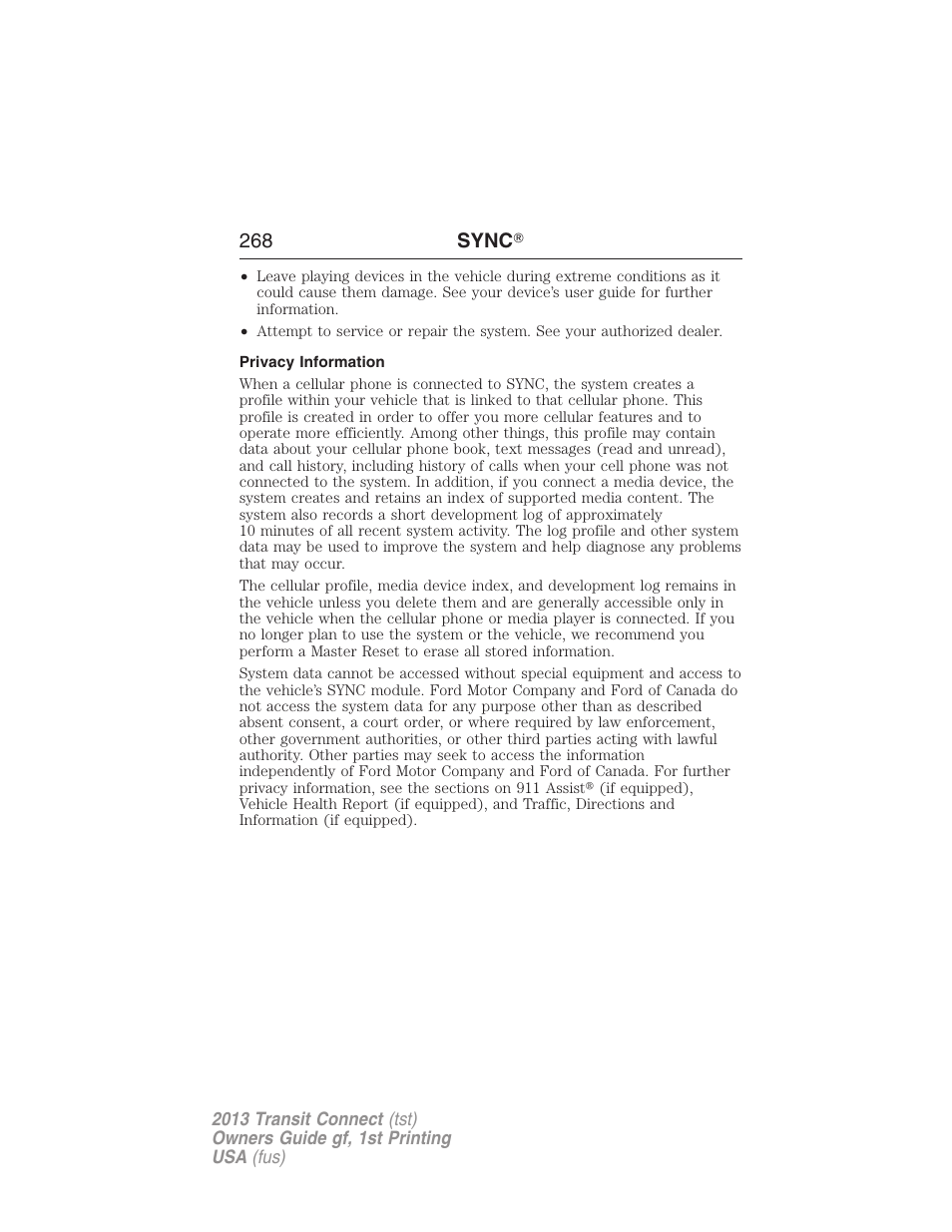 Privacy information, 268 sync | FORD 2013 Transit Connect v.1 User Manual | Page 269 / 317