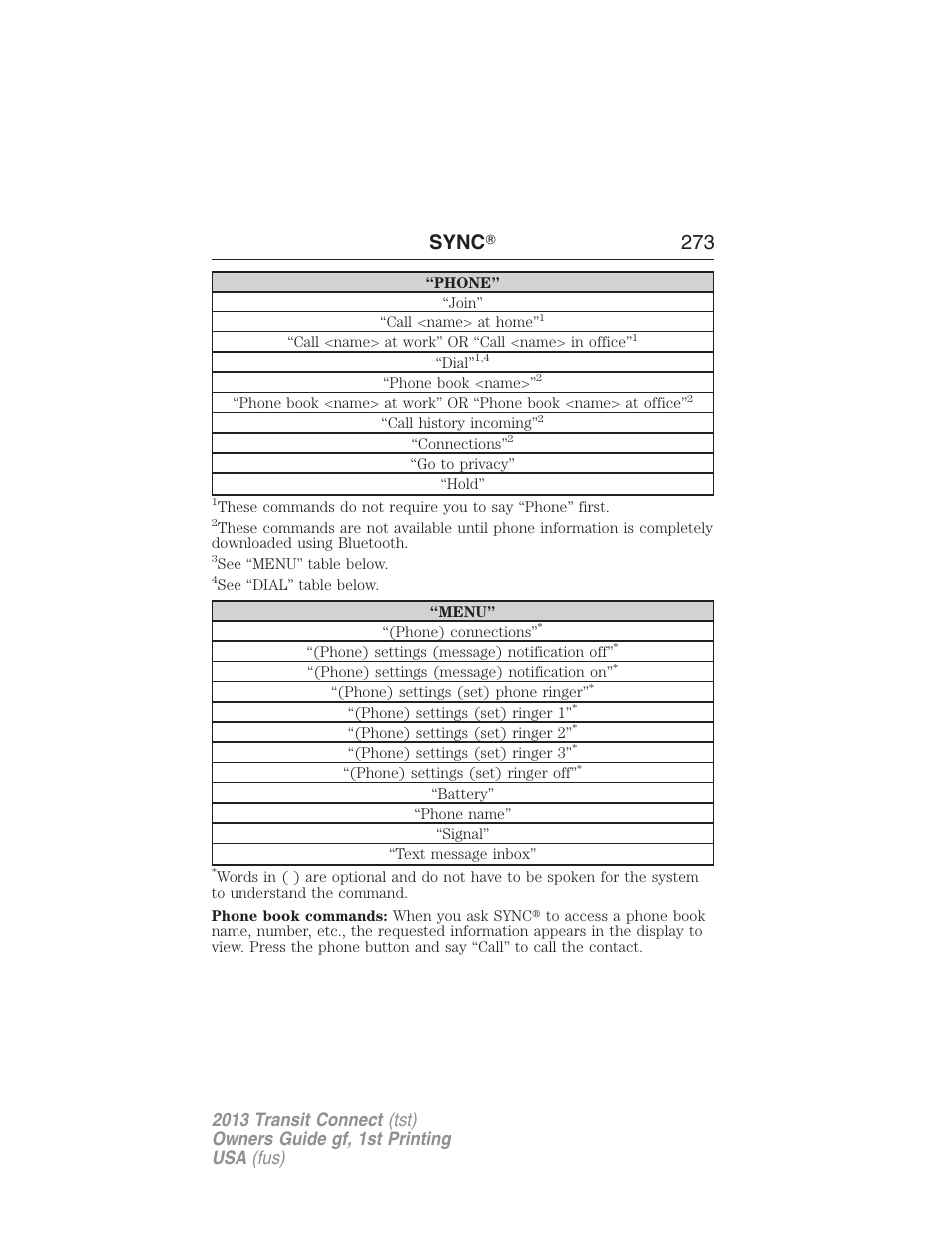 Sync ா 273 | FORD 2013 Transit Connect v.1 User Manual | Page 274 / 317