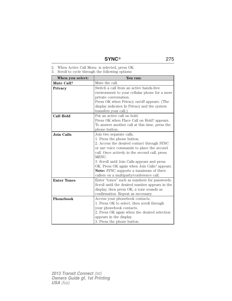 Sync ா 275 | FORD 2013 Transit Connect v.1 User Manual | Page 276 / 317