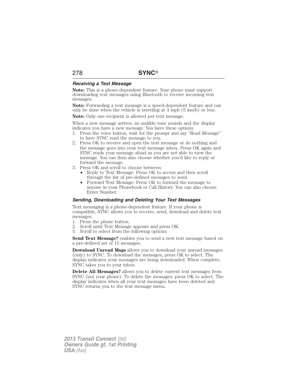 Receiving a text message, 278 sync | FORD 2013 Transit Connect v.1 User Manual | Page 279 / 317