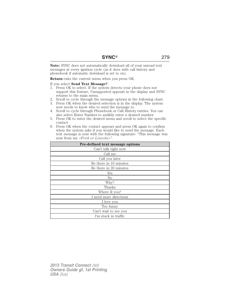 Sync ா 279 | FORD 2013 Transit Connect v.1 User Manual | Page 280 / 317