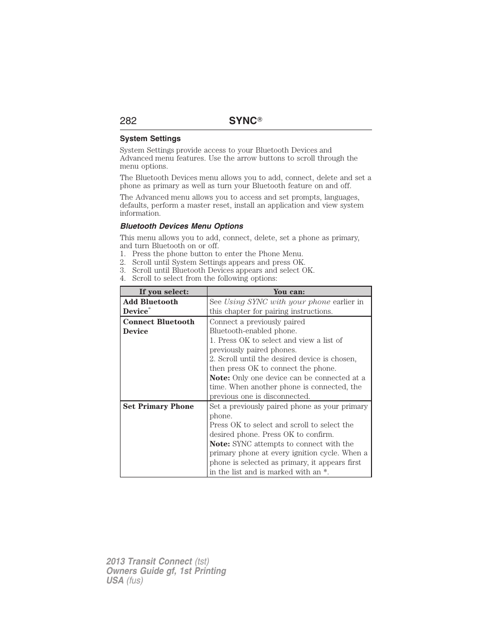 System settings, Bluetooth devices menu options, 282 sync | FORD 2013 Transit Connect v.1 User Manual | Page 283 / 317