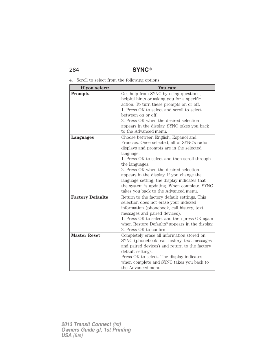 284 sync | FORD 2013 Transit Connect v.1 User Manual | Page 285 / 317