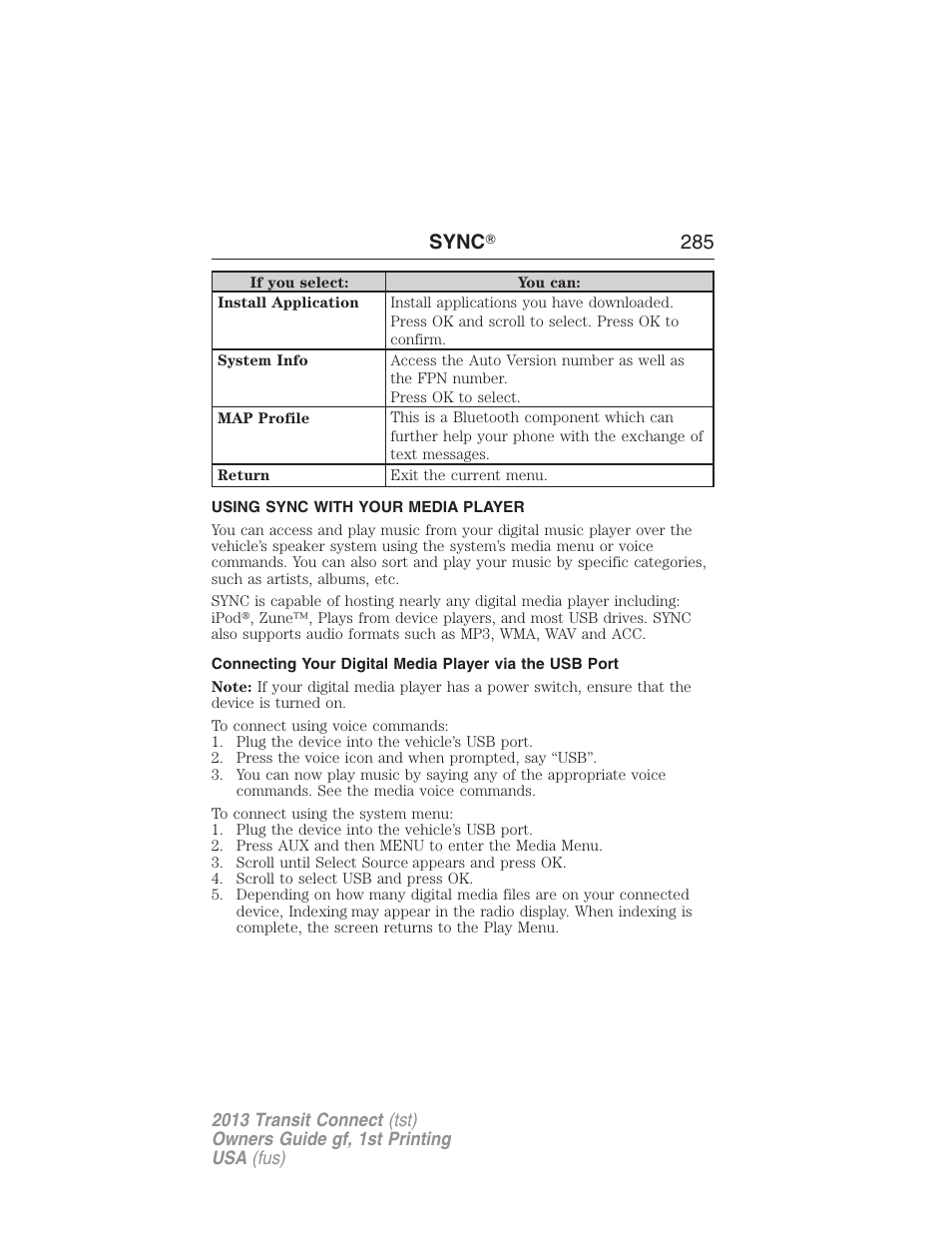 Using sync with your media player, Sync ா 285 | FORD 2013 Transit Connect v.1 User Manual | Page 286 / 317