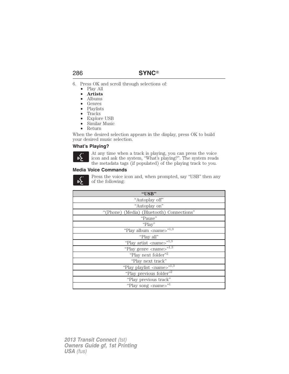 What’s playing, Media voice commands, 286 sync | FORD 2013 Transit Connect v.1 User Manual | Page 287 / 317