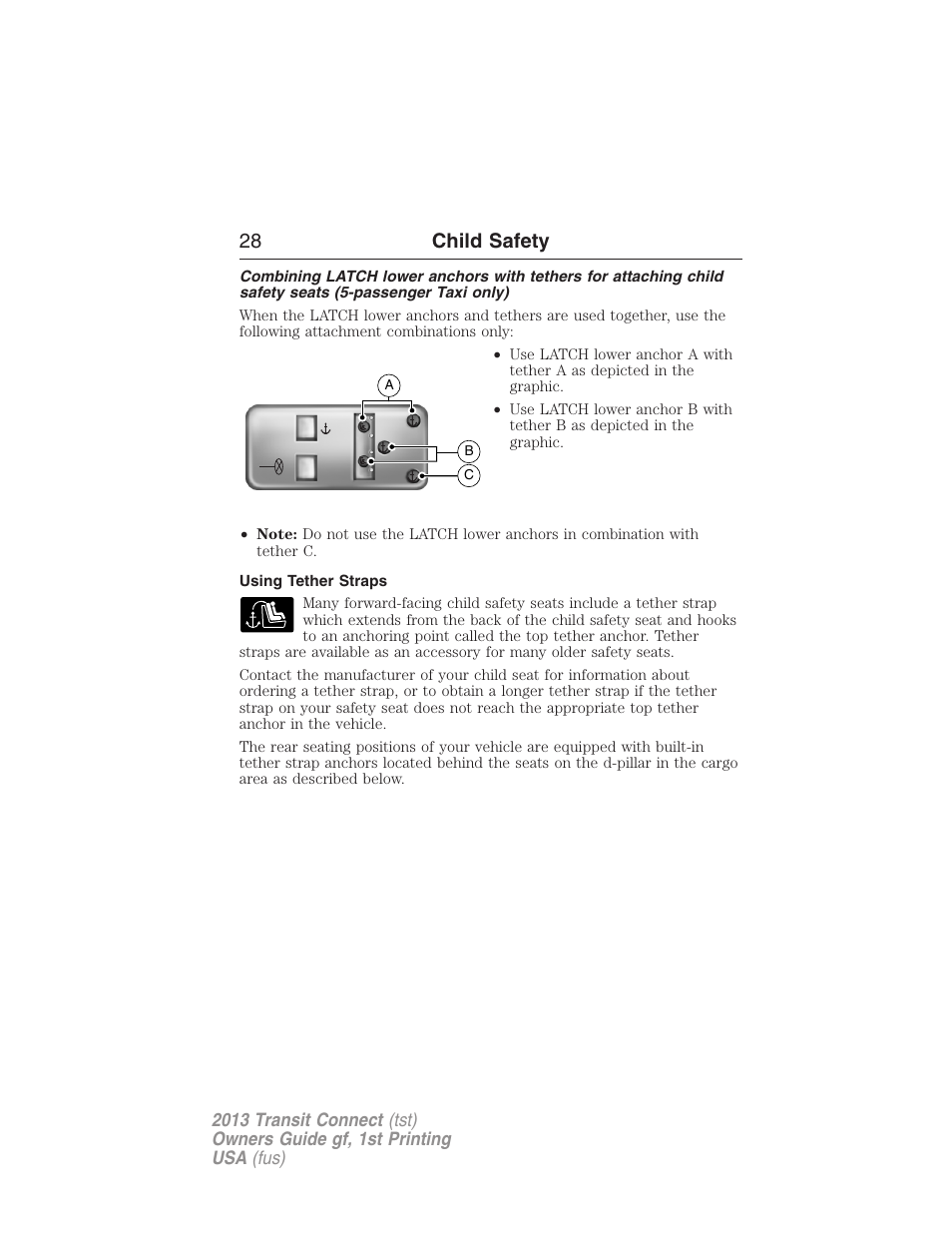 Using tether straps, 28 child safety | FORD 2013 Transit Connect v.1 User Manual | Page 29 / 317