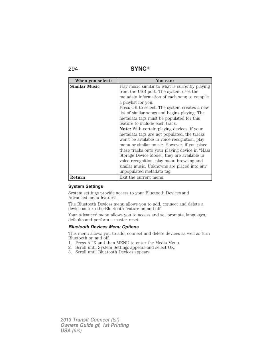 System settings, Bluetooth devices menu options, 294 sync | FORD 2013 Transit Connect v.1 User Manual | Page 295 / 317