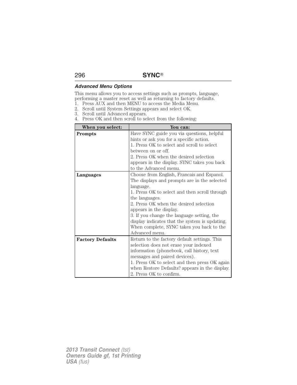 Advanced menu options, 296 sync | FORD 2013 Transit Connect v.1 User Manual | Page 297 / 317